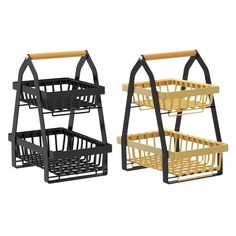 two black and yellow baskets sitting next to each other