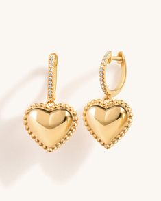 Gold Dangling Heart Huggies - Sparkle Society Luxury Pink Gold Earrings As Gift, Luxury Yellow Gold Heart Diamond Earrings, Heart Huggies, Ring Sale, Fall Accessories, Heart Of Gold, Signet Ring, Charm Earrings, Gold Beads