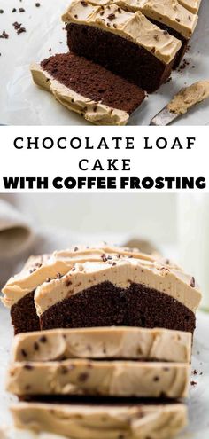 chocolate loaf cake with coffee frosting is cut in half and stacked on top of each other