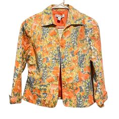 Item: Coldwater Creek Floral Watercolor Long Sleeve Button Up Blazer Jacket Size: 4 Petite Color: Multi-Colored Condition: New With Tag Materials: Cotton, Polyester Measurements: Approx. 17.75 Inches Across The Chest, & 21.5 Inches In Length All Items Come From A Smoke Free, Pet Friendly Home. Fitted Orange Outerwear For Summer, Spring Multicolor Outerwear For Work, Multicolor Summer Outerwear With Pockets, Fitted Summer Outerwear With Snap Buttons, Fitted Yellow Outerwear For Summer, Spring Multicolor Outerwear With Button Closure, Multicolor Spring Outerwear With Button Closure, Spring Workwear Multicolor Outerwear, Yellow Cotton Outerwear For Summer