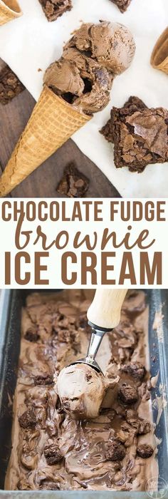 chocolate fudge brownie ice cream in a pan with an ice cream scooper