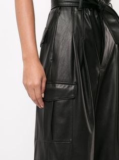 Black faux-leather tie waist trousers from GOEN. J featuring high waist, tied waist, slim fit, two side slit pockets, two rear flap pockets and two side cargo pockets. | GOEN. J Faux-Leather Tie Waist Trousers Shoes Prada, Leather Tie, Miu Miu Shoes, Prada Bags, Black High Waist, Leather Outfit, Black Faux Leather, Waist Tie, Leather Backpack