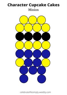 the character cupcake cake is shown in blue, yellow and black circles on a white background