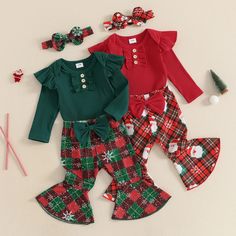 Includes: Onesie, Pants, & HeadbandMaterial: Cotton, Polyester BlendGender: GirlsPattern: Plaid, Santa, SnowflakesSleeve Length: LongSummary: Baby Toddler Long Sleeve Solid Ribbed Ruffle Onesie with Plaid Flare Leg Pants & Headband 3 Piece Christmas Holiday Outfit Holiday Long Sleeve Sets For Fall, Holiday Fall Sets With Long Sleeves, Christmas Cotton Sets For Festive Occasion, Holiday Green Long Sleeve Sets, Cotton Festive Holiday Sets, Green Cotton Sets For Holiday, Red Festive Sets For Winter, Red Cotton Holiday Set, Festive Red Sets For Winter