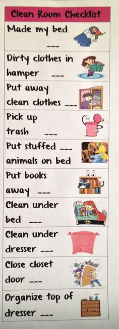 the clean room checklist is shown with pictures and words in pink on white paper