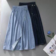 Lasaky - Asymmetrical Pleated Denim High Waist Midi Skirt with Letter Print Long Jeans Skirt, School Uniform Skirts, High Waist Midi Skirt, Pleated Fashion, A Line Denim Skirt, Pleated Denim, High Waist Long Skirt, Plaid Pleated Skirt, Blue Denim Skirt