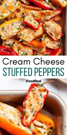 cream cheese stuffed peppers in a baking pan with text overlay that reads, cream cheese stuffed peppers