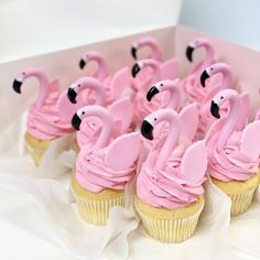 cupcakes with pink frosting and black flamingos on them are arranged in a box