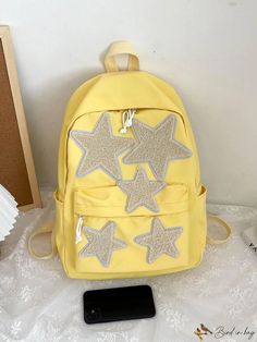 BirdinBag - Star Patch Decor Classic Backpack - Perfect for Students, Graduates, and Outdoor Travel Trendy Star-shaped Backpack For Everyday Use, Trendy Star-shaped Everyday Backpack, Star-shaped School Bags For Back To School, Preppy Bags, Color Block Design, Pink Backpack, Word Wrap, School Backpack, Classic Backpack