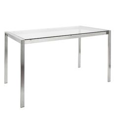 a glass table with metal legs on a white background