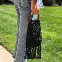 Black Macrame With Lining Inside New - Handmade Bag Summer Bag Must Have Inside Size; 11.5” X 7.5x Outside Size (Top Handles - Fringe ) 18” X 7.5” Black Rectangular Bag With Fringe, Black Shoulder Bag With Bamboo Handle For Travel, Black Travel Shoulder Bag With Bamboo Handle, Black Rectangular Shoulder Bag With Bamboo Handle, Black Woven Handheld Shoulder Bag, Black Satchel Shoulder Bag With Bamboo Handle, Black Shoulder Bag With Bamboo Handle, Everyday Black Shoulder Bag With Bamboo Handle, Black Tote Bag With Bamboo Handle