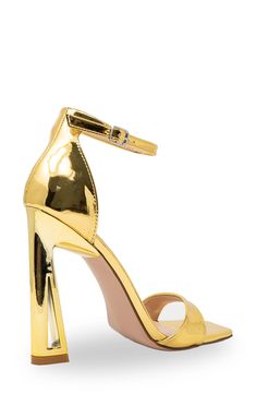 A sky-high flared heel dramatically lofts this ankle-strap sandal shaped by a squared toe. 4 1/2" heel Synthetic upper, lining and sole Imported Modern Gold Open Heel Heels, Modern Gold Ankle Strap Heels, Modern Gold Heels With Wrapped Heel, Gold Heels With Sculpted Heel And Single Toe Strap, Modern Gold Open Toe Heels, Modern Gold Block Heel Shoes, Trendy Gold Heels With Padded Heel, Glamorous Patent Leather Sandals With 4-inch Heel, Trendy Gold Heels With Heel Strap