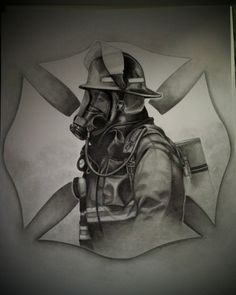 a pencil drawing of a fireman with his helmet on