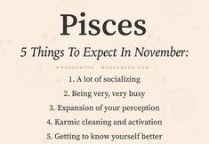 a poster with the words pisces and five things to expect in november