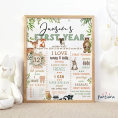 a baby's first year poster with animals and plants on the wall next to a teddy bear