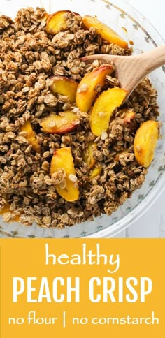 a bowl filled with granola and sliced peaches