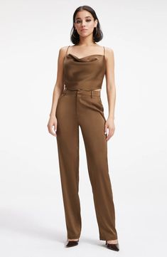 Satin Pants Light Mocha, Bottoms by Good American | LIT Boutique Satin Top Outfit, Satin Trousers, Office Outfits Women, Tan Top, Satin Cami, Satin Pants, White Bodysuit, Stylish Outfit, Swim Fashion