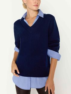 Shirt Combination, Cuffs Shirt, Layered Sweater, Pleated Sleeves, Cashmere Blend Sweater, Cotton Poplin Shirt, Sweater Collection, Navy Sweaters, Oxford Shirt