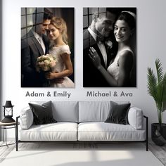 two black and white pictures on the wall above a couch, with a bride and groom hugging each other