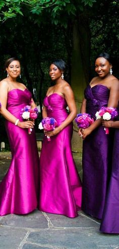 the bridesmaids are all wearing purple dresses