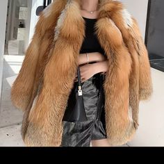 Winter Red Fox Fur Coat Women's Mid-Length Natural Fox Fur Coat Full Pelt O-Neck High Qulaity Genuine Fur Jacket Fur Coat Outfit Casual, Victorian Jacket, French Chic Fashion, Fur Coat Outfit, Pink Denim Jacket, Boucle Coat, Fur Jackets, Winter Red, Striped Vests