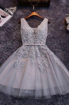 Princess/A-Line V-Neck Appliques Gray Tulle Homecoming/Prom Dresses Graduation Dresses, 90's Fashion, Short Homecoming Dress, Lace Homecoming Dresses, Short Prom Dress, Zuhair Murad, Short Prom, Linnet