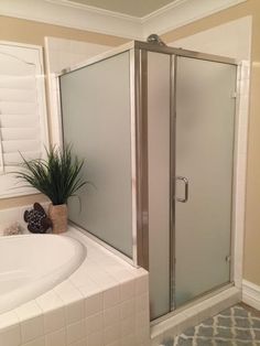 a bathroom with a corner shower stall and white bathtub next to a plant on the floor