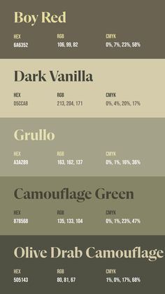 Colors:
6A6352
D5CCAB
A3A289
878568
505143 Google Color Palette Codes, Canva Color Codes, Card Color Palette, Cold Color Palette, Color Palette Swatches, Seeds Color Palette, Color Palets, Seeds Color