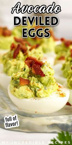 deviled eggs with bacon and guacamole on them are the perfect appetizer for easter