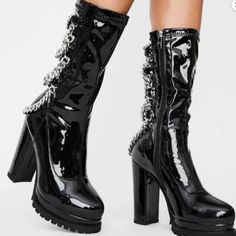 Vegan Patent Leather Boots With Chunky Chain Detail, Slight Blemish From Showroom As Shown. Chain Boots, Shiny Boots, Fuzzy Boots, Mary Jane Platform Shoes, Punk Boots, Strappy Block Heels, Azalea Wang, Patent Leather Boots, Black Platform Boots