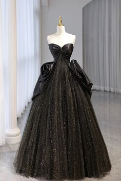 Enchanted Evening Glitter Black Ball Gown Long Black Evening Dress, Tulle Long Prom Dress, Prom Dress Black, Black Ball Gown, Satin Tulle, Beautiful Prom Dresses, A Line Prom Dresses, Green Prom Dress, Prom Formal