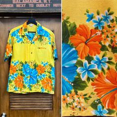 Vintage 1960's Tiki Floral Border Loop Collar Cotton Hawaiian Shirt. Tag Size L. Please check the measurements below.  Very good condition.   The label is  "HawaiianTogs".  Original 1960's.  Loop collar Hawaiian shirt with floral border print and coin buttons.   All Sales Final.   Please ask any questions before purchase.   Take a look at our Store for more Vintage Clothing - VintageOnHollywood.   MEASUREMENTS  Shoulder to Shoulder: 19 1/2" Underarm to Underarm: 23" Outer Sleeve Length (shoulder Vintage Beach Shirt For Spring, Vintage Print Summer Camp Shirt, Summer Vintage Camp Shirt With Vintage Print, Retro Yellow Cotton Camp Shirt, Vintage Print Camp Shirt For Summer, Yellow Retro Cotton Camp Shirt, Retro Cotton Hawaiian Shirt With Retro Print, Vintage Multicolor Short Sleeve Hawaiian Shirt, Vintage Multicolor Hawaiian Shirt For Summer