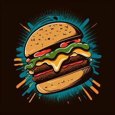 a burger with cheese, lettuce and tomato on it in an abstract style