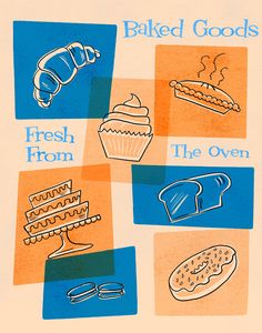 Here's a fun, quirky retro art print for your vintage kitchen! Featuring a limited palette with simple, stylized food, reminiscent of mid-century cookbook illustrations. Mid Century Food Illustration, Retro Baking Images, Mid Century Cookbook Illustration, Oven Illustration Art, Midcentury Cookbook Illustration, Mid Century Modern Bakery, Recipes Cards, Modern Bakery, Vintage Palette