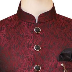 Description This stunning maroon and black contrast prince coat, made from self-designed Jamawar fabric, creates a dignified and elegant look that is perfect for any special occasion. It features 6 black and golden toned contrast buttons, double bone pocket, welt pocket with black pocket square, golden chain brooch, round bottom fashion and sleeve buttons for a sharp look. Custom made as directed, this sophisticated coat can give you a stunning look that will make the event unforgettable. Own th Designer Black Sets For Winter, Black Bandhgala With Long Sleeves For Party Wear, Black Long Sleeve Bandhgala For Party, Designer Formal Kurta With Stand Collar, Black Long Sleeve Party Wear Sherwani, Black Sets For Semi-formal Fall Occasions, Designer Black Kurta For Formal Occasions, Designer Black Formal Kurta, Black Nehru Jacket For Ceremonial Festive Occasions