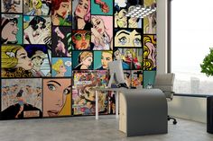 an office with comic panels on the wall