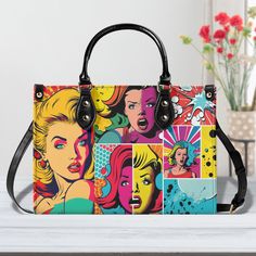 Ideal for fashion-forward individuals and creative trendsetters, this pop Art print handbag is perfect for adding a playful and eye-catching element to any outfit. Whether you're a professional, student, or simply love standing out, this unique accessory is designed for those with a confident and adventurous sense of style. * Available in 3 sizes: Medium, Large, and X-Large;-Women Handbag *Available;2 colors for straps handles and threads. * All over Print * Sturdy 2 top handles for comfortable Unusual Handbags, Chic Purses, Painted Bags, Mod Style, Great Gifts For Women, Pop Art Print, Printed Handbags, Women Bags Fashion, Women Handbag