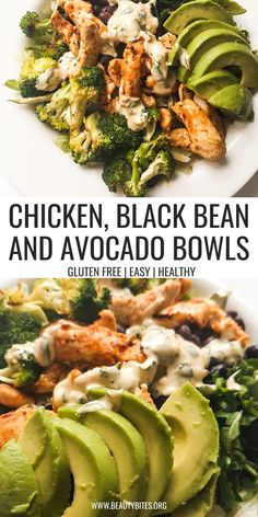 chicken, black bean and avocado bowls with creamy ranch dressing on the side