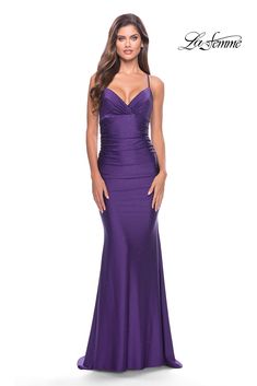 La Femme 30996 - Long jersey dress fully embellished with hot stones. V neck with ruching on the bodice. Open back with lace up ties and ruching along the zipper. Back zipper closure. Strap Prom Dress, Long Jersey Dress, Light Periwinkle, Jersey Prom Dress, Purple Prom, Sheath Skirt, Spaghetti Strap Prom Dress, Prom Dress Stores, Prom Dress Styles