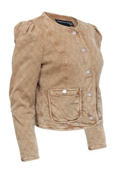 Get ready to make a statement with this tan quilted jacket from Veronica Beard! Its cropped design is perfect for a boho fall style when paired with jeans and short boot heels. Snap buttons add a touch of edginess to this versatile piece. Stay chic in cooler weather with this jacket! Size S Shell 97% Cotton, 3% Spandex Lining 100% Cotton Snap button front closure Two front snap button pockets Collarless Bust 38" Waist 36" Shoulder to hem 19.5" Shoulder to shoulder 14" Sleeve length 24.5" Brown Quilted Long Sleeve Jacket For Spring, Casual Quilted Jacket With Buttons For Fall, Brown Long Sleeve Quilted Jacket For Spring, Beige Quilted Jacket For Fall Workwear, Casual Brown Quilted Jacket For Fall, Fitted Cotton Quilted Jacket For Fall, Brown Casual Quilted Jacket For Fall, Casual Quilted Jacket With Buttons, Beige Quilted Jacket For Fall