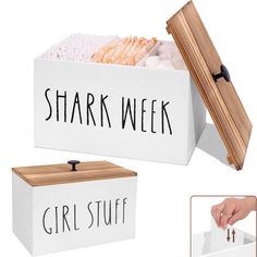 a white box with the words shark week and girl stuff in black lettering on it