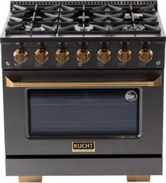 a black and gold stove with four burners