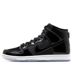 The Nike SB Skateboard Dunk High is a sneaker that pays homage to the classic Air Jordan 11. It features a black upper constructed from shiny patent leather, with ballistic mesh at the quarter panel and full-grain leather on the collar. A subtle pop of royal blue appears on the tongue tag, while the ‘SB’ heel branding recalls the ‘23’ on the Air Jordan 11. An icy translucent outsole completes the look. (SNKR/Unisex) Custom Black Mesh Sneakers With Branded Insole, Low-top Patent Leather Sneakers For Streetwear, Custom Low-top Patent Leather Sneakers For Streetwear, Streetwear Sneakers With Boost Midsole And Patent Leather, Patent Leather Sneakers With Boost Midsole For Streetwear, Lace-up Patent Leather Sneakers For Streetwear, Nike High-top Sneakers For Streetwear With Perforations, Custom Patent Leather Lace-up Sneakers For Streetwear, Custom Lace-up Patent Leather Sneakers For Streetwear