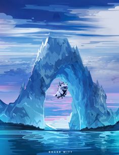 an iceberg floating in the ocean with a man on it's back and a boat