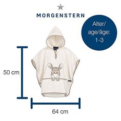 a white hooded ponchy with a bunny on it and measurements for the hood