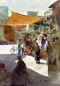 watercolor painting of people walking and riding bikes in an outdoor market area with buildings