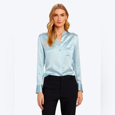 Vince Slim Fit Band Collar Silk Blouse Classic Blue Silk Blouse, Elegant Light Blue Office Shirt, Classic Blue Blouse For Daywear, Elegant Long Sleeve Light Blue Blouse, Blue Silk Formal Tops, Formal Blue Silk Tops, Elegant Light Blue Long Sleeve Blouse, Elegant Blue Shirt For Daywear, Elegant Light Blue Office Blouse