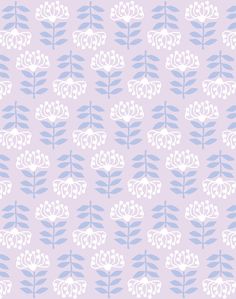 a blue and white flower pattern on a light purple background, with leaves in the middle