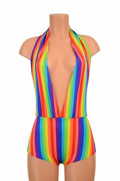 Rainbow Stripe "Josie" Romper Backless Plunging Festival Rave Onsie Playsuit - 156057 Multicolor Stretch Rave Unitard, Fitted Multicolor Unitard For Summer, Multicolor Summer Unitard, Multicolor Stretch Sleeveless Bodysuit, Multicolor Sleeveless Stretch Bodysuit, Fitted Multicolor Rainbow Print Swimwear, Fitted Multicolor Swimwear With Rainbow Print, Queer Fashion Tomboys, Rainbowcore Fashion