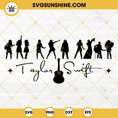 the silhouettes of people playing guitar and singing in front of a white wooden background